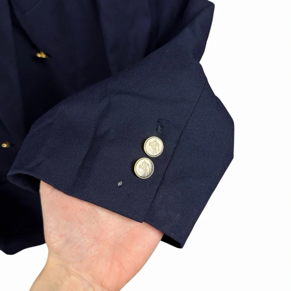 Vintage BURBERRYS Navy Blue Gold Button Super 100's Wool Double Breasted Blazer‎